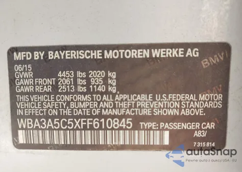 2015 BMW 328I z USA, uszkodzony, nr VIN WBA3A5C5XFF610845